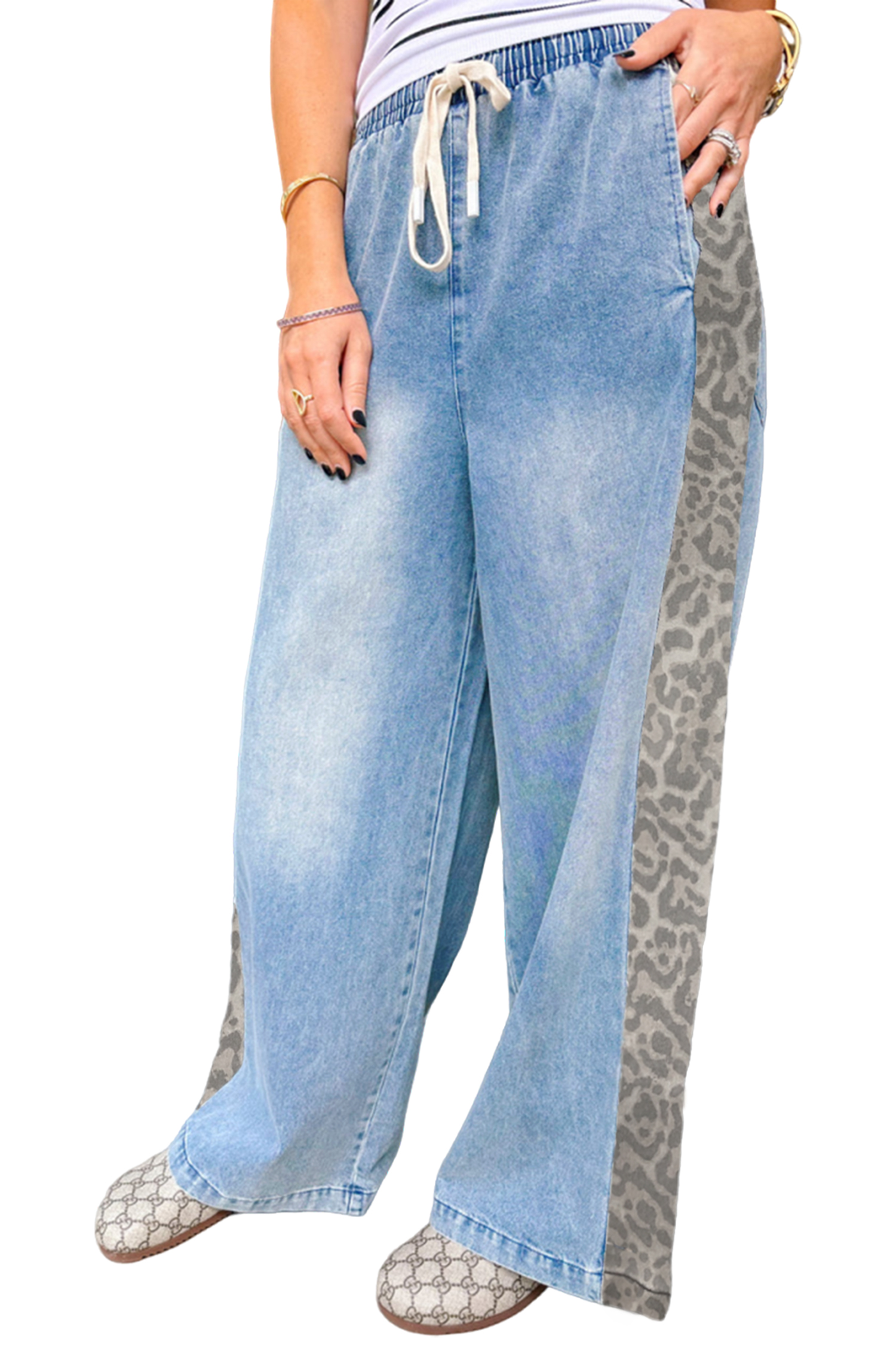 Women's Beau Blue Wide Leg Jeans with Leopard Striped Side Panels – Casual Everyday Style - Detail View 7 Women's Beau Blue Wide Leg Jeans with Leopard Striped Side Panels – Casual Everyday Style - Detail View 7
