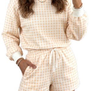 Women's Yellow Plaid Pullover Set – Casual Long Sleeve Outfit - Main View