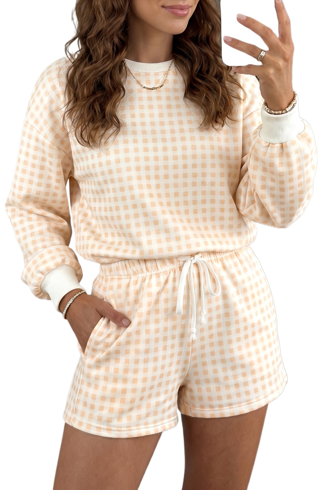 Women's Yellow Plaid Pullover Set – Casual Long Sleeve Outfit - Main View Women's Yellow Plaid Pullover Set – Casual Long Sleeve Outfit - Main View