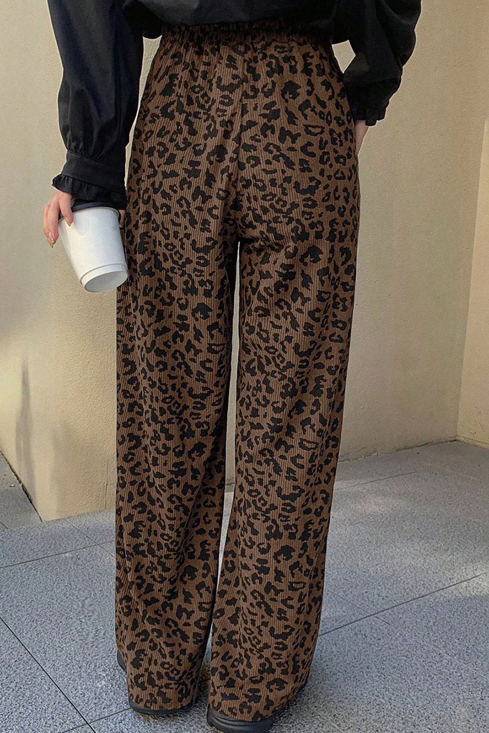 Casual Leopard Corduroy Pants for Women – Dark Brown High Waist Loose Fit - Detail View 2 Casual Leopard Corduroy Pants for Women – Dark Brown High Waist Loose Fit - Detail View 2