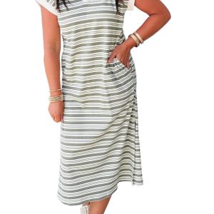 Women's Green Stripe Collared V Neck Midi Dress – Casual Summer Style with Pockets - Main View