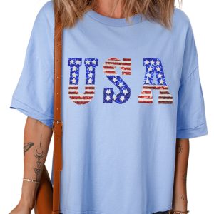Women's Myosotis USA Patched Drop Sleeve Crewneck T-Shirt - Casual Patriotic Style - Main View
