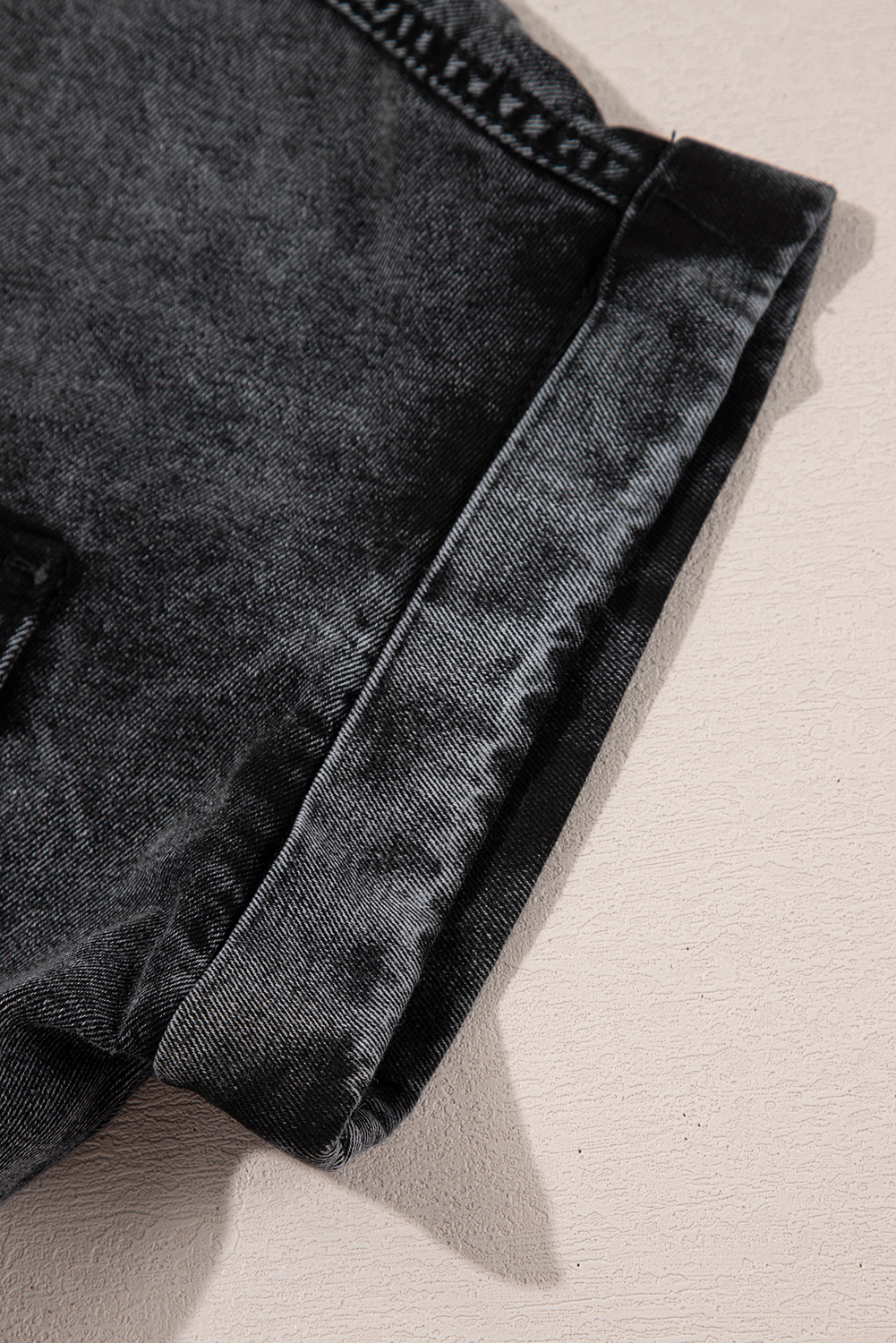 Women's Black Short Sleeve Flap Pocket Button Up Raw Hem Denim Shirt - Detail View 17 Women's Black Short Sleeve Flap Pocket Button Up Raw Hem Denim Shirt - Detail View 17