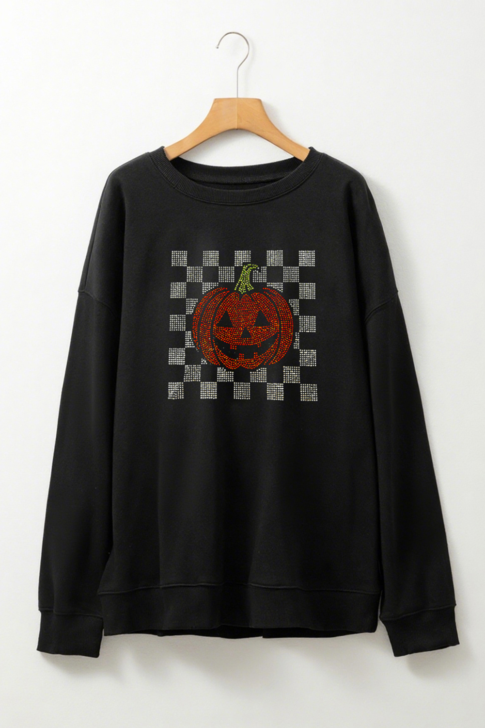 Women's Sweatshirt, Black Graphic Tee, Halloween Apparel, Rhinestone Details, Long Sleeve, Casual Style, Jack-o-Lantern, Checkered Pattern, Fall Fashion, Comfortable Wear, Everyday Use, Seasonal Clothing - Detail View 8 Women's Sweatshirt, Black Graphic Tee, Halloween Apparel, Rhinestone Details, Long Sleeve, Casual Style, Jack-o-Lantern, Checkered Pattern, Fall Fashion, Comfortable Wear, Everyday Use, Seasonal Clothing - Detail View 8