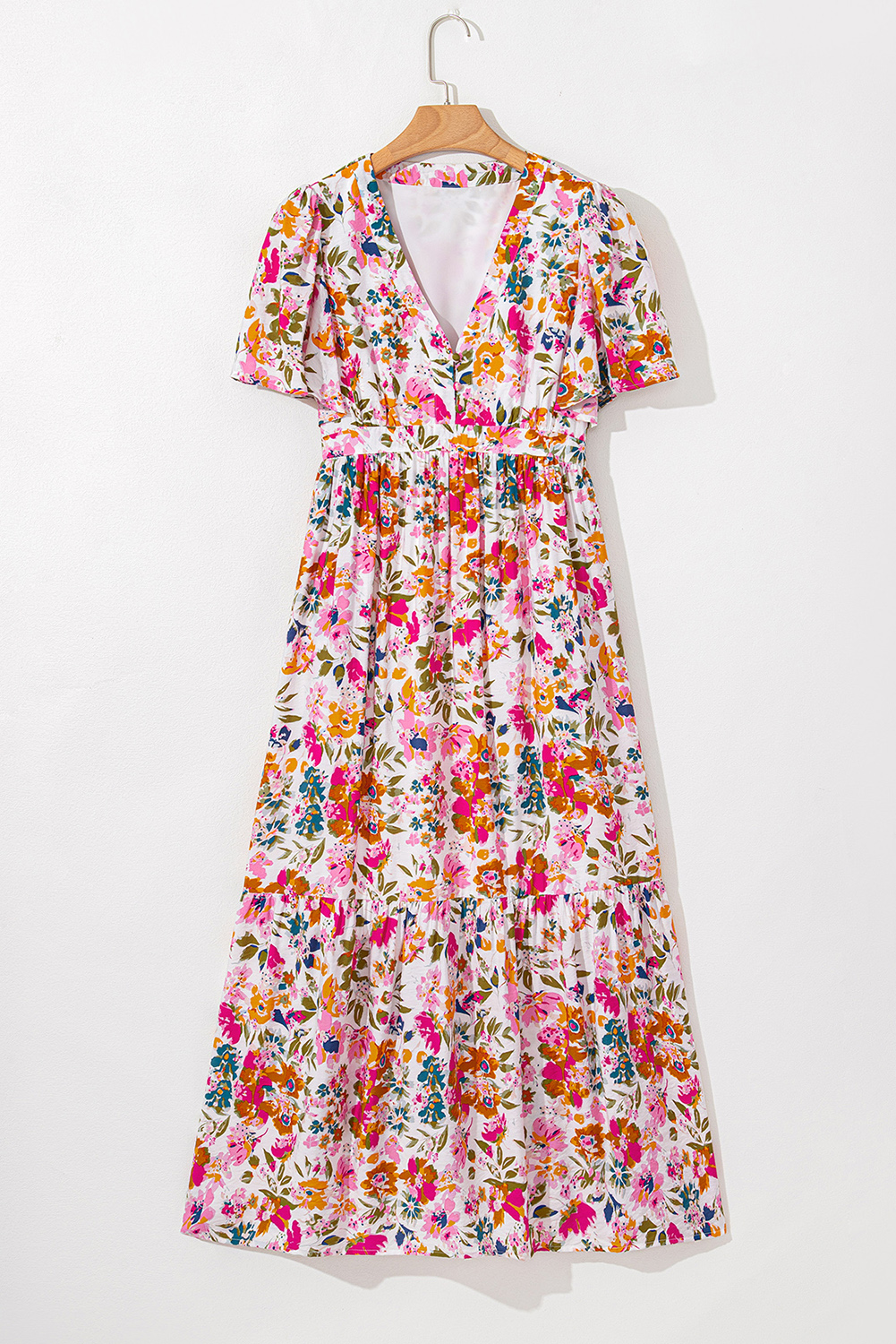 Women's Red Floral Short Sleeve V Neck High Waist Maxi Dress - Elegant and Flattering - Detail View 21 Women's Red Floral Short Sleeve V Neck High Waist Maxi Dress - Elegant and Flattering - Detail View 21
