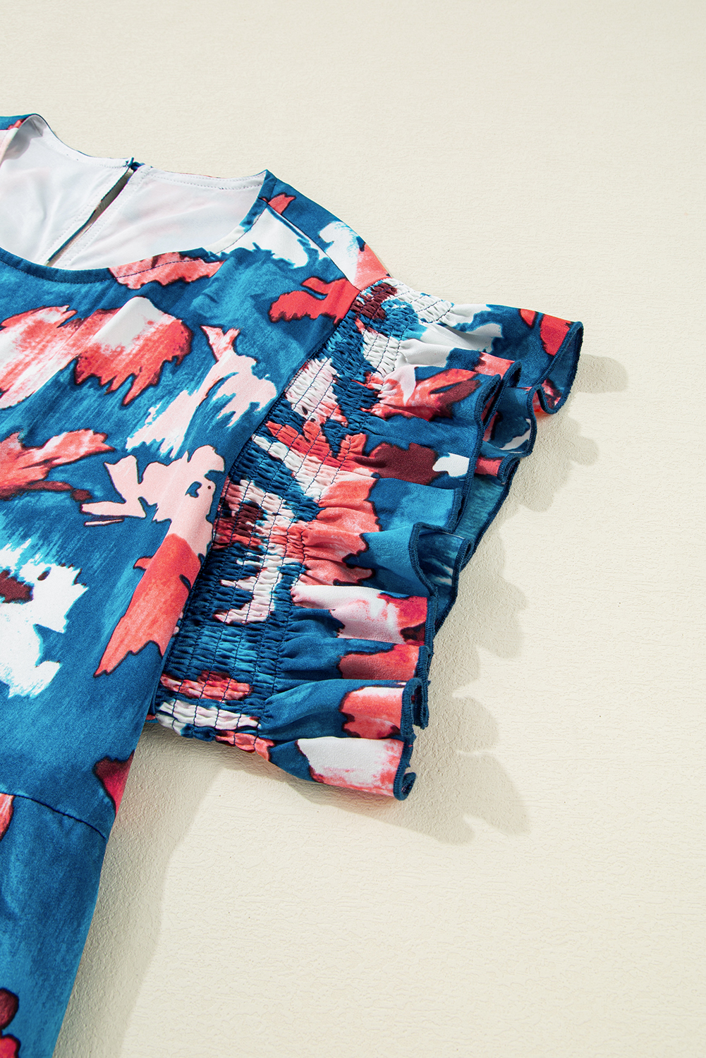 Plus Size Blue Abstract Print Shirred Ruffled Short Sleeve Mini Dress - Detail View 9 Plus Size Blue Abstract Print Shirred Ruffled Short Sleeve Mini Dress - Detail View 9