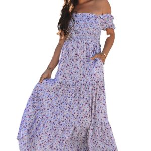 Elegant Purple Floral Maxi Dress with Short Bubble Sleeves and Shirred High Waist - Main View