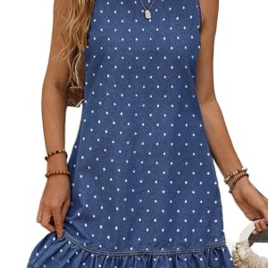 Women's Polka Dot Denim Dress – Sleeveless Ruffle Mini Shift - Main View