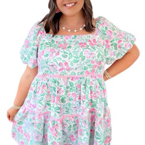 Women's Plus Size White Floral Print Mini Dress with Ric-Rac Trim and Puff Sleeves - Main View