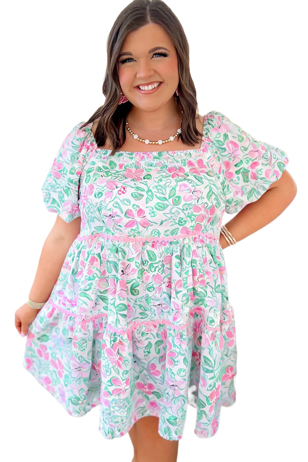 Women's Plus Size White Floral Print Mini Dress with Ric-Rac Trim and Puff Sleeves - Main View Women's Plus Size White Floral Print Mini Dress with Ric-Rac Trim and Puff Sleeves - Main View
