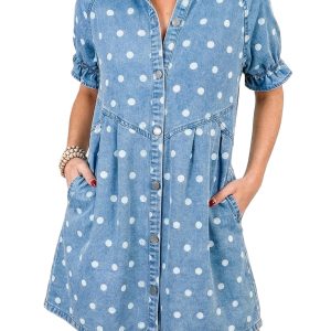 Women's Denim Shirt Dress – Sky Blue Polka Dot Button Down with Ruffled Short Sleeves - Main View