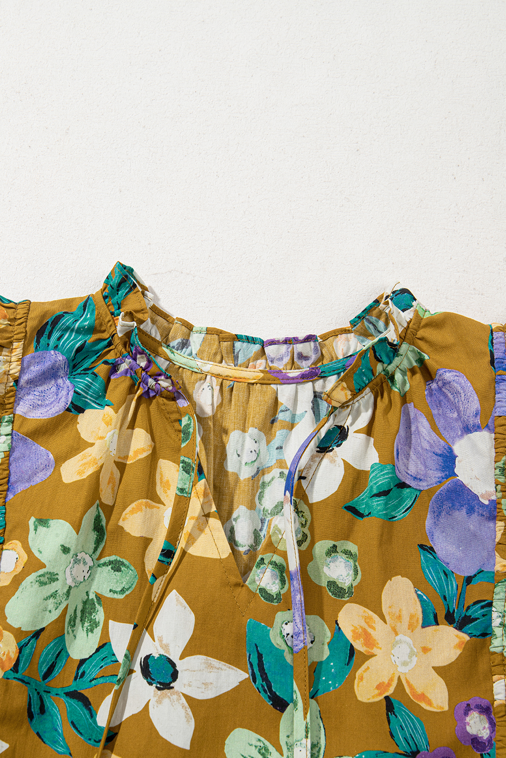 Women's Top, Yellow Floral Print, Tiered Flutter Sleeves, V Neck, Lightweight, Casual, Daily Wear, Summer Style, Elegant Blouse, Comfortable, Feminine Design, Flirty Look, Shift Silhouette, Ruffle Details, Tops & Blouses - Detail View 12 Women's Top, Yellow Floral Print, Tiered Flutter Sleeves, V Neck, Lightweight, Casual, Daily Wear, Summer Style, Elegant Blouse, Comfortable, Feminine Design, Flirty Look, Shift Silhouette, Ruffle Details, Tops & Blouses - Detail View 12