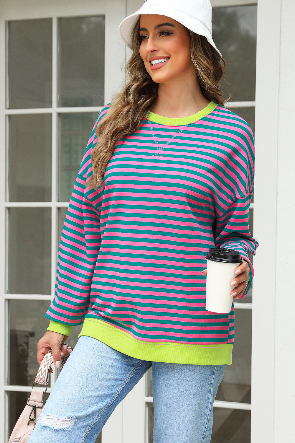 Oversized Rose Stripe Sweatshirt with Ribbed Trim and Relaxed Fit for Fall & Winter - Detail View 10 Oversized Rose Stripe Sweatshirt with Ribbed Trim and Relaxed Fit for Fall & Winter - Detail View 10