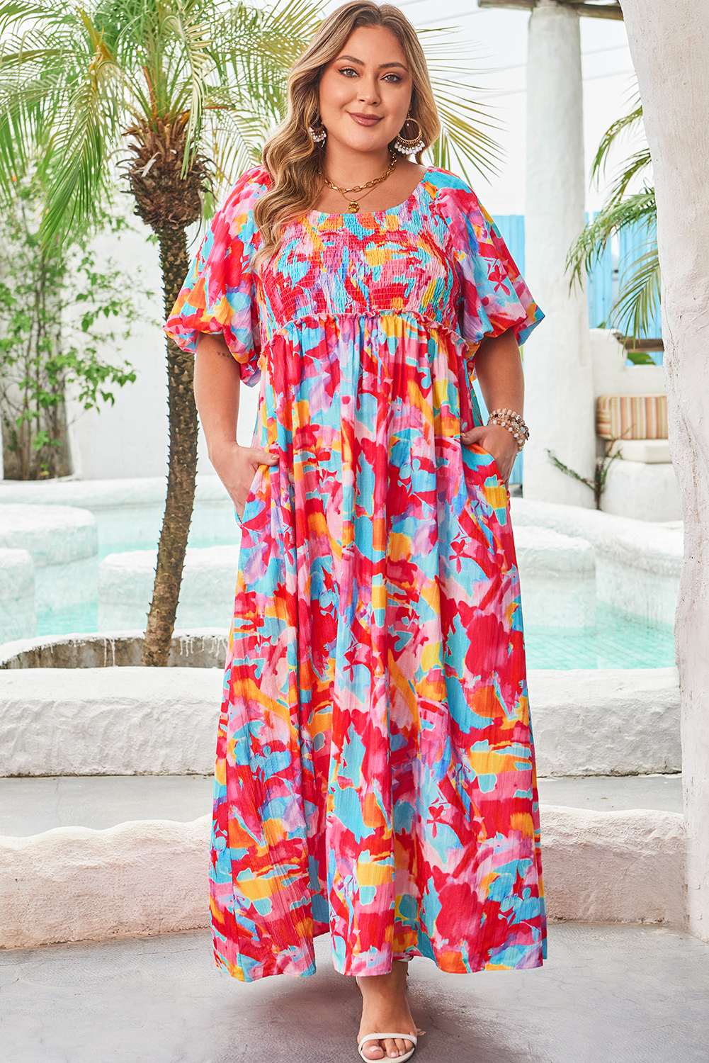 Casual Vacation Long Dress, Smocked Waist Tied Back Design - Detail View 6 Casual Vacation Long Dress, Smocked Waist Tied Back Design - Detail View 6