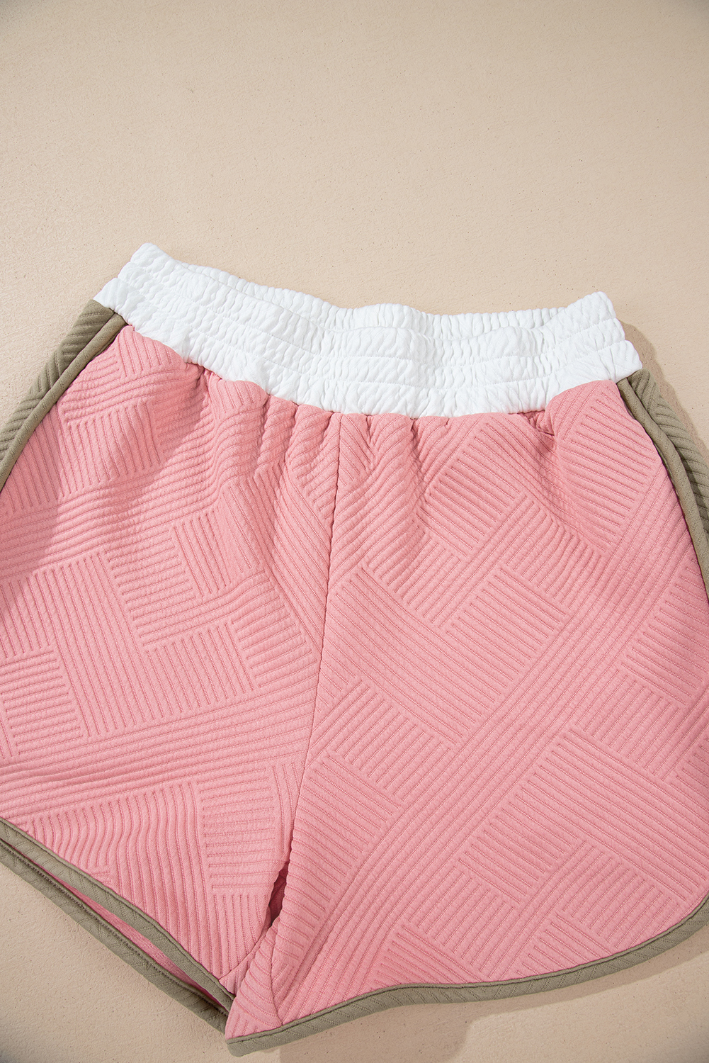 Women's Pink Textured Colorblock Patchwork Tee and High-Waist Shorts Set - Detail View 13 Women's Pink Textured Colorblock Patchwork Tee and High-Waist Shorts Set - Detail View 13