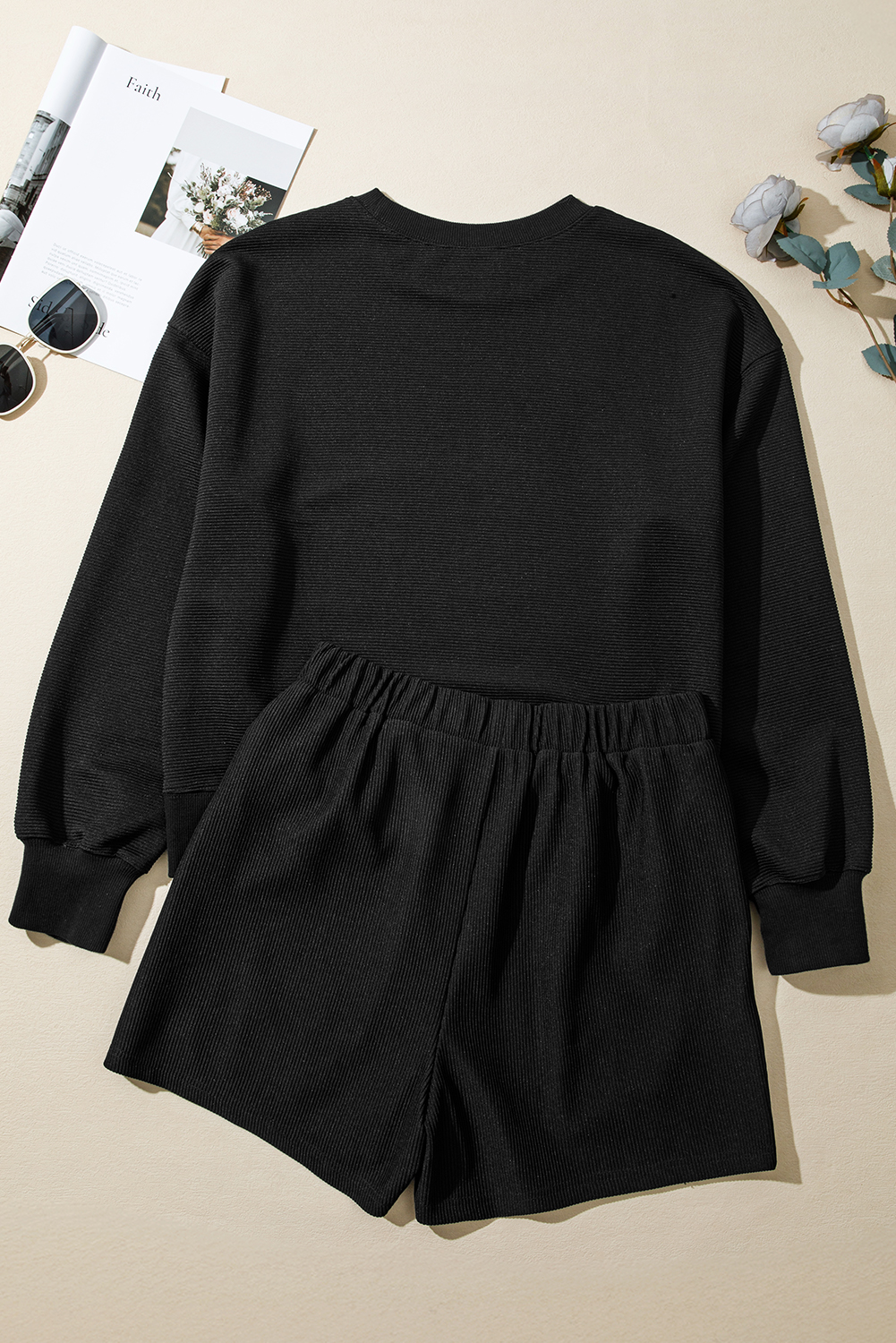 Stylish Black Ribbed Texture Pullover and Shorts Ensemble for Women – Comfort Meets Fashion - Detail View 5 Stylish Black Ribbed Texture Pullover and Shorts Ensemble for Women – Comfort Meets Fashion - Detail View 5