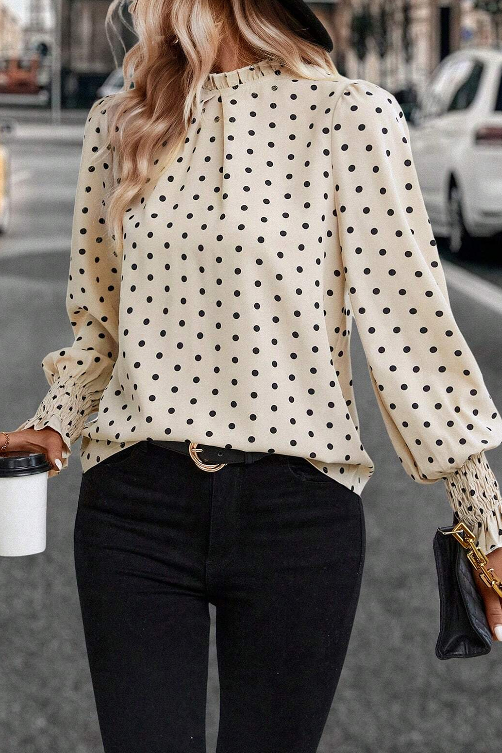 Chic and Playful Apricot Blouse - Polka Dot Print, Frill Detail & Long Lantern Sleeves - Detail View 2 Chic and Playful Apricot Blouse - Polka Dot Print, Frill Detail & Long Lantern Sleeves - Detail View 2