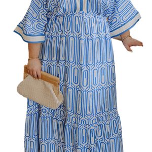 Women's Sky Blue Geometric Print Maxi Dress – V Neck Contrast Trim Southern Belle Style Long Dress - Main View