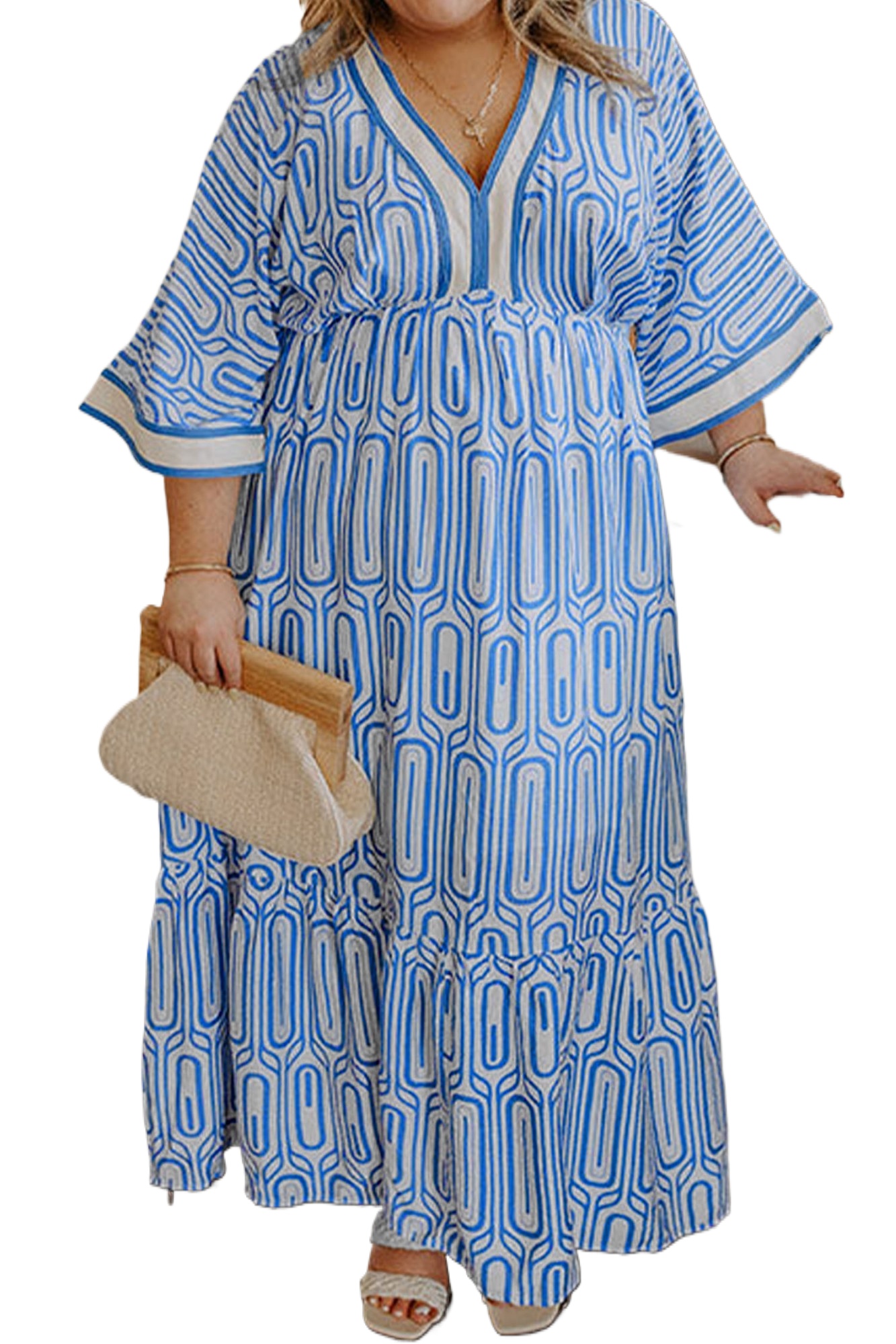 Women's Sky Blue Geometric Print Maxi Dress – V Neck Contrast Trim Southern Belle Style Long Dress - Main View Women's Sky Blue Geometric Print Maxi Dress – V Neck Contrast Trim Southern Belle Style Long Dress - Main View