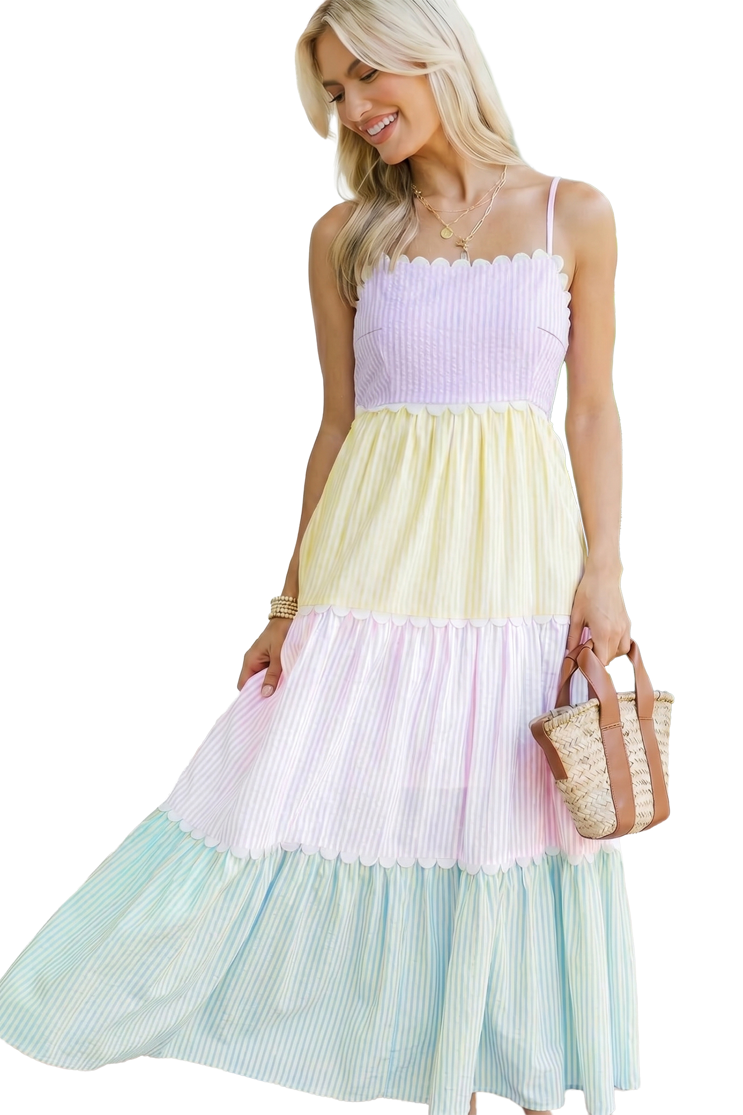 Women's Pastel Striped Long Dress – Adjustable Strap Colorblock Summer Vacation Dress - Detail View 7 Women's Pastel Striped Long Dress – Adjustable Strap Colorblock Summer Vacation Dress - Detail View 7
