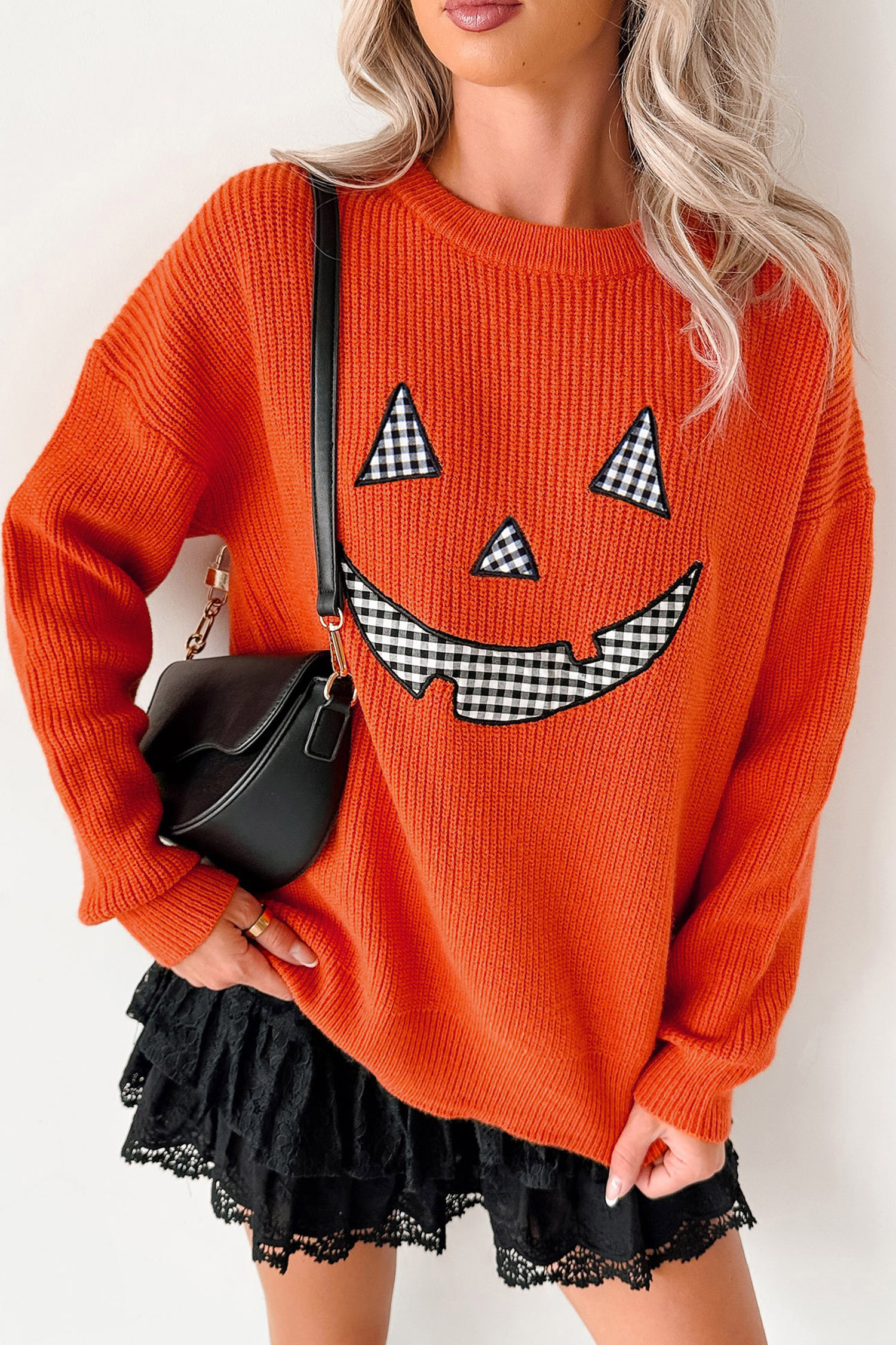Women's Round Neck Fall Sweater, Cozy Orange Holiday Knit - Detail View 3 Women's Round Neck Fall Sweater, Cozy Orange Holiday Knit - Detail View 3
