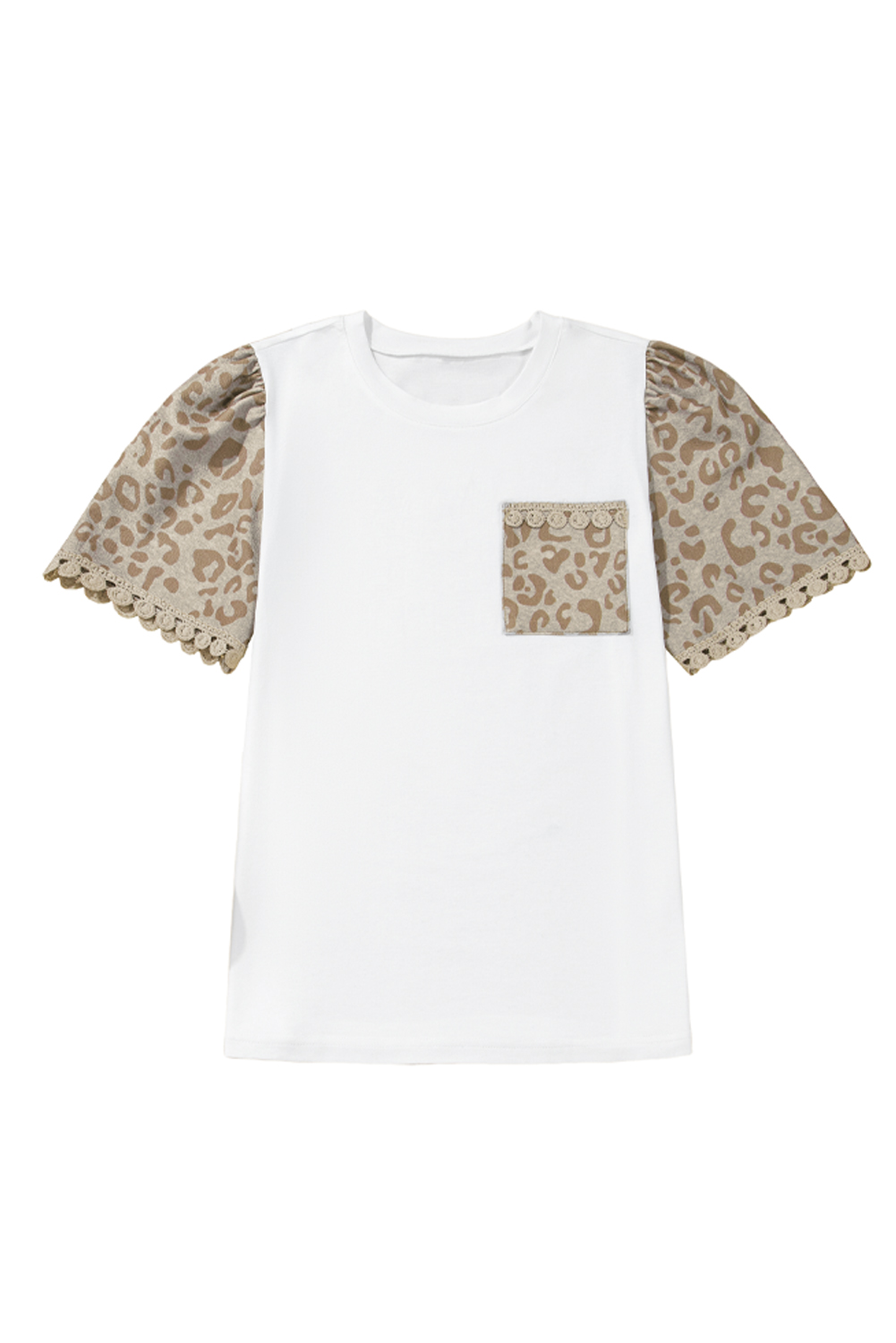 Women's T-Shirt, White Leopard Print, Puff Sleeve, Crochet Lace Trim, Round Neck, Elegant Style, Daily Wear, Summer Fashion, Stylish Tee, Eye-Catching Design, Functional Chest Pocket, Shift Silhouette, Tops & Tees - Detail View 24 Women's T-Shirt, White Leopard Print, Puff Sleeve, Crochet Lace Trim, Round Neck, Elegant Style, Daily Wear, Summer Fashion, Stylish Tee, Eye-Catching Design, Functional Chest Pocket, Shift Silhouette, Tops & Tees - Detail View 24