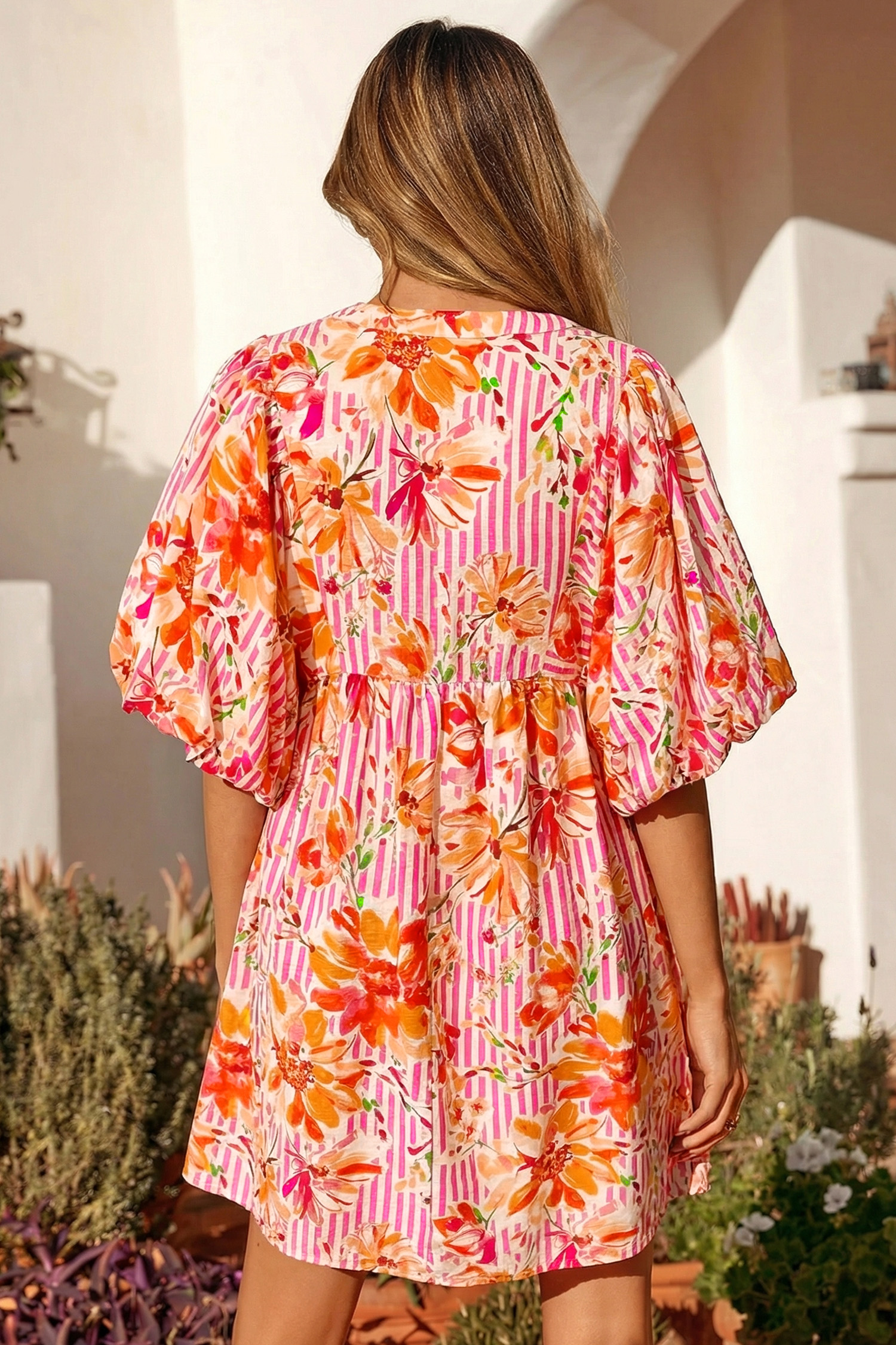 Pink Striped Floral Shift Dress for Women – 100% Cotton Puff Sleeve Mini, Daily & Easter Wear - Detail View 5 Pink Striped Floral Shift Dress for Women – 100% Cotton Puff Sleeve Mini, Daily & Easter Wear - Detail View 5