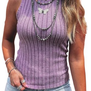 Women's Phalaenopsis Ribbed Tank Top – Slim Fit Mineral Wash Sleeveless Round Neck Shirt - Main View