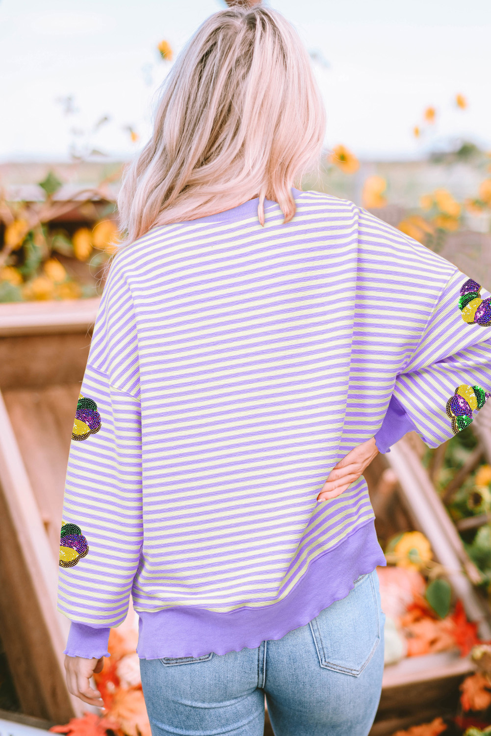 Festive Long Sleeve Tee with Striped Design and Sequin Doughnut Print - Detail View 2 Festive Long Sleeve Tee with Striped Design and Sequin Doughnut Print - Detail View 2