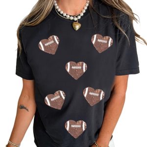 Women's Black Graphic Tee with Sequin Heart Patch - Casual Summer Style - Main View