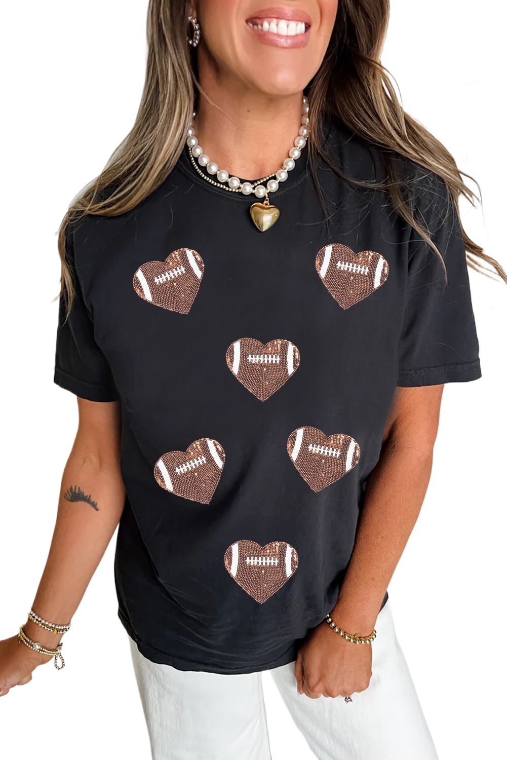 Women's Black Graphic Tee with Sequin Heart Patch - Casual Summer Style - Main View Women's Black Graphic Tee with Sequin Heart Patch - Casual Summer Style - Main View