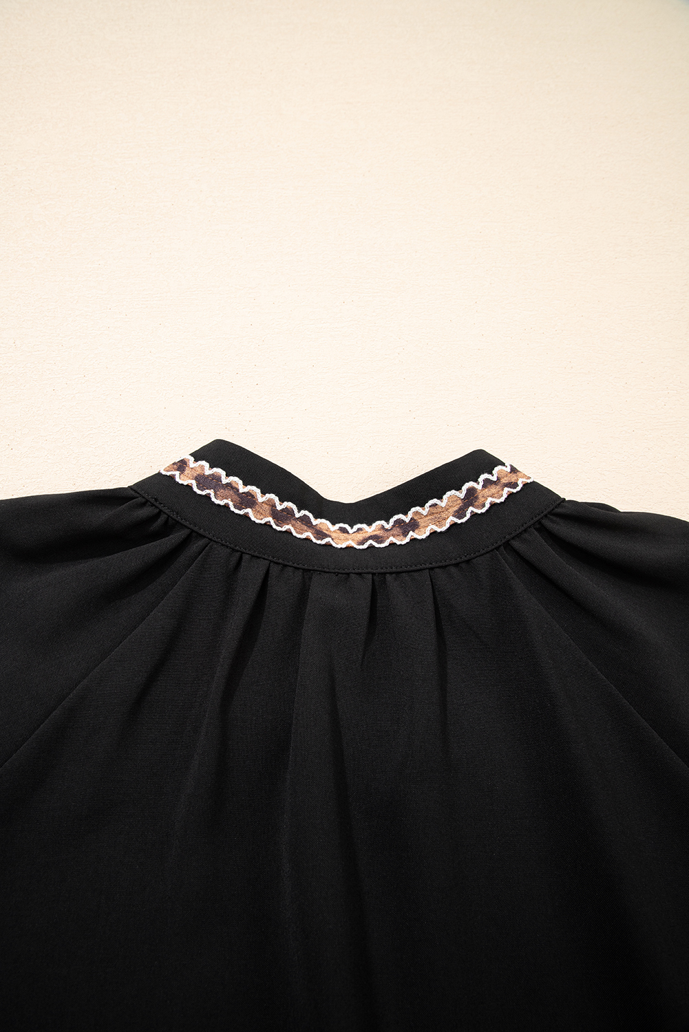 Women's Black V-Neck Shift Mini Dress with Bracelet Sleeves for Daily Wear - Detail View 16 Women's Black V-Neck Shift Mini Dress with Bracelet Sleeves for Daily Wear - Detail View 16