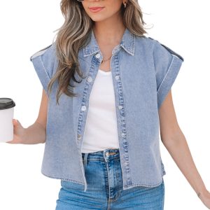 Women's Dusk Blue Denim Pinup Folded Cap Sleeve Shirt - Stylish Cropped Blouse - Main View
