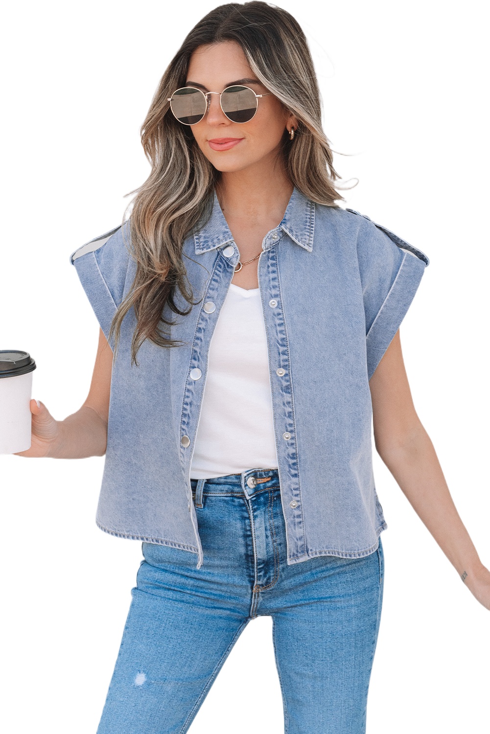 Women's Dusk Blue Denim Pinup Folded Cap Sleeve Shirt - Stylish Cropped Blouse - Main View Women's Dusk Blue Denim Pinup Folded Cap Sleeve Shirt - Stylish Cropped Blouse - Main View