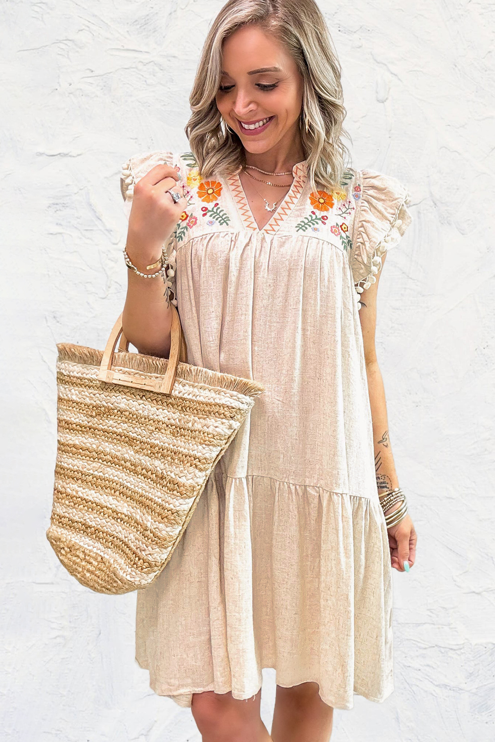 Feminine Cap Sleeve Flowy Mini Dress for Vacation and Beach Getaways - Detail View 7 Feminine Cap Sleeve Flowy Mini Dress for Vacation and Beach Getaways - Detail View 7