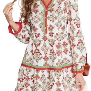 Women's Pink Floral Print Long Sleeve Flared Dress – Elegant Casual Style for Spring Occasions - Main View