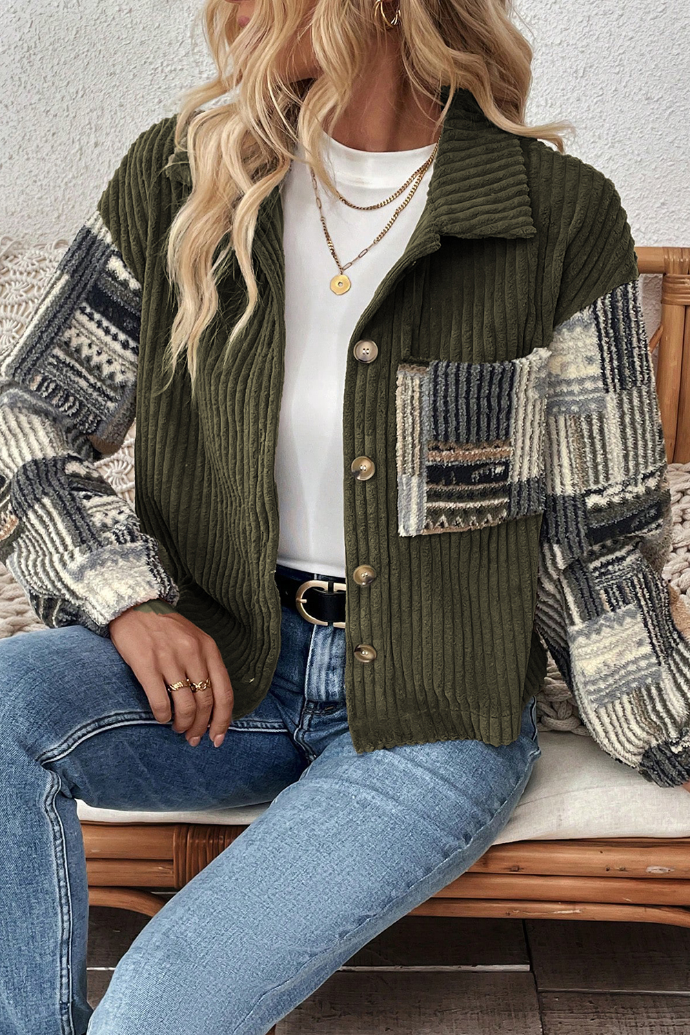 Casual Western-Style Jacket for Women in Jungle Green – Corduroy Plaid Print with Long Sleeves for Fall Outings - Detail View 8 Casual Western-Style Jacket for Women in Jungle Green – Corduroy Plaid Print with Long Sleeves for Fall Outings - Detail View 8