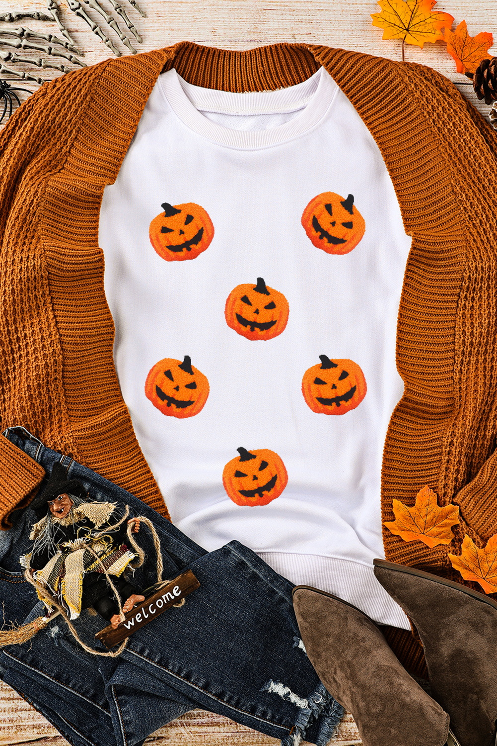Casual Long Sleeve White Sweatshirt with Pumpkin Face Design - Perfect for Fall - Detail View 2 Casual Long Sleeve White Sweatshirt with Pumpkin Face Design - Perfect for Fall - Detail View 2
