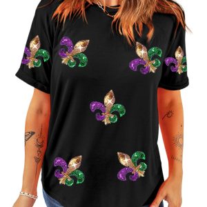 Women's Black Mardi Gras Symbol Patched Crewneck T-Shirt - Fleur de Lis Design - Main View