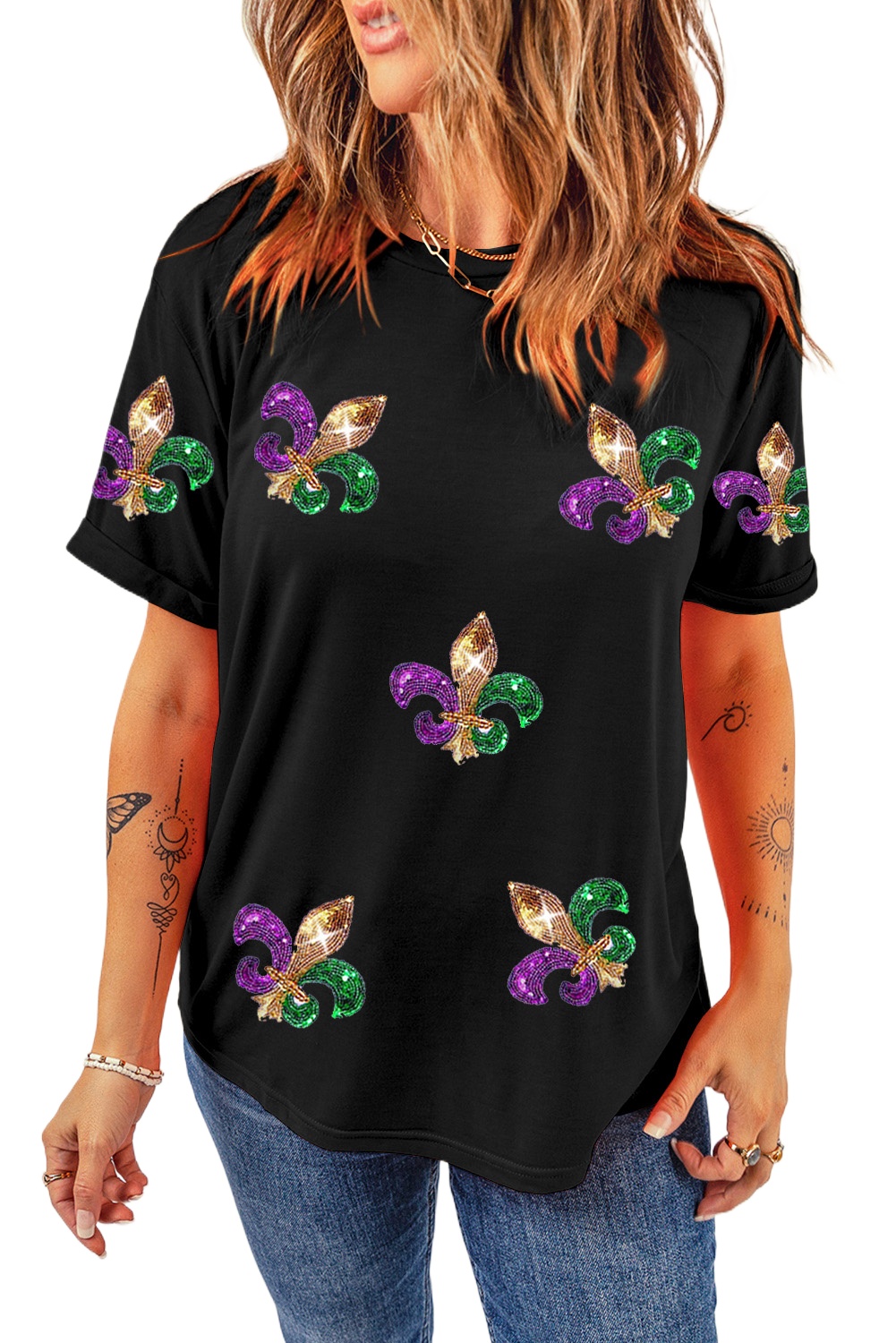 Women's Black Mardi Gras Symbol Patched Crewneck T-Shirt - Fleur de Lis Design - Main View Women's Black Mardi Gras Symbol Patched Crewneck T-Shirt - Fleur de Lis Design - Main View