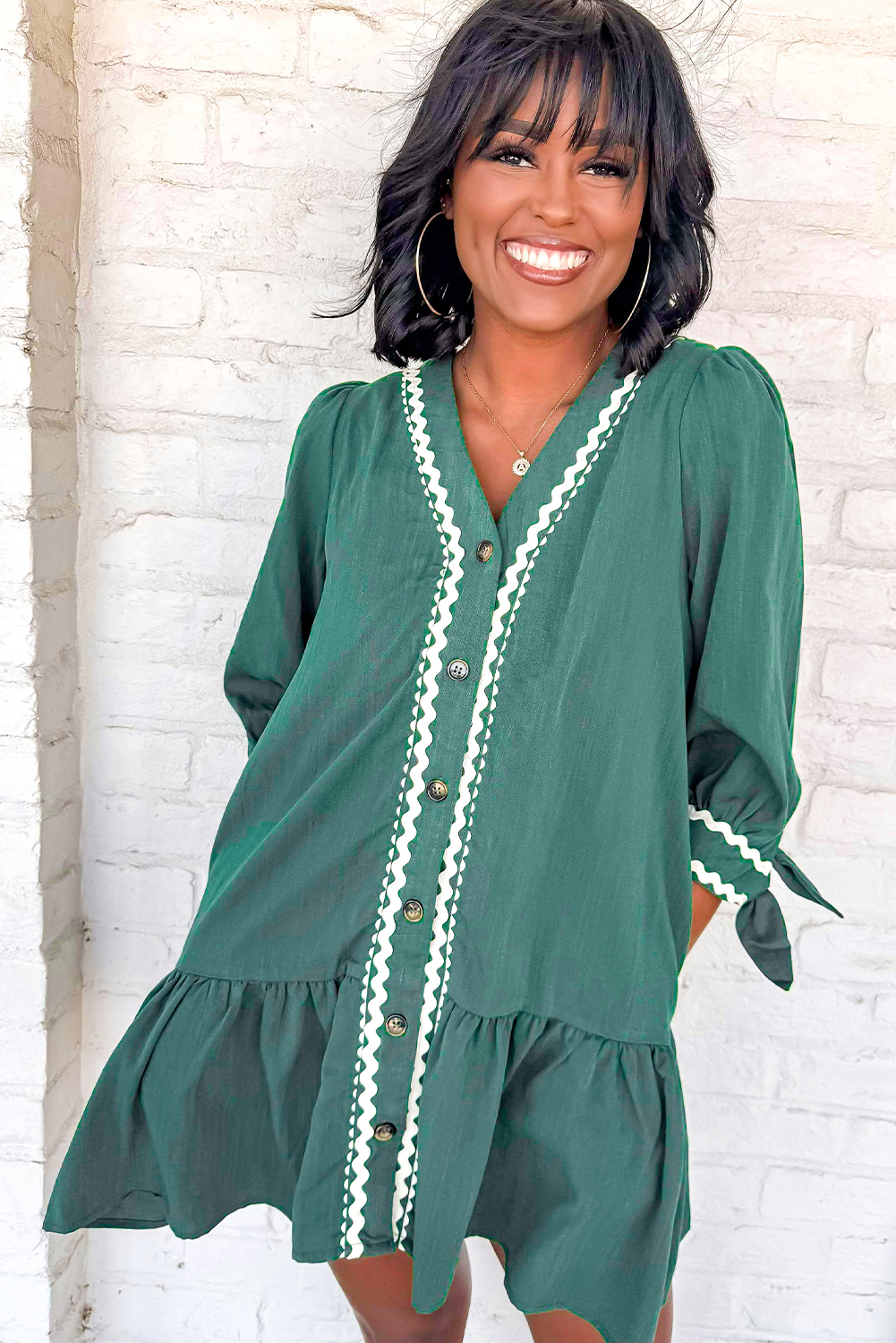 Stylish Green Mini Dress with Contrast Trim and Button Detail - Perfect for Daily Wear - Detail View 2 Stylish Green Mini Dress with Contrast Trim and Button Detail - Perfect for Daily Wear - Detail View 2