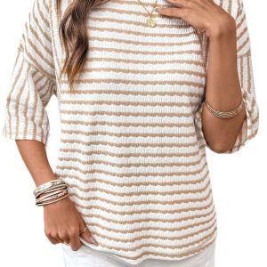 Women's Apricot Stripe Textured Knit Top – Casual Half Sleeve with Split Hem for Daily Wear - Main View