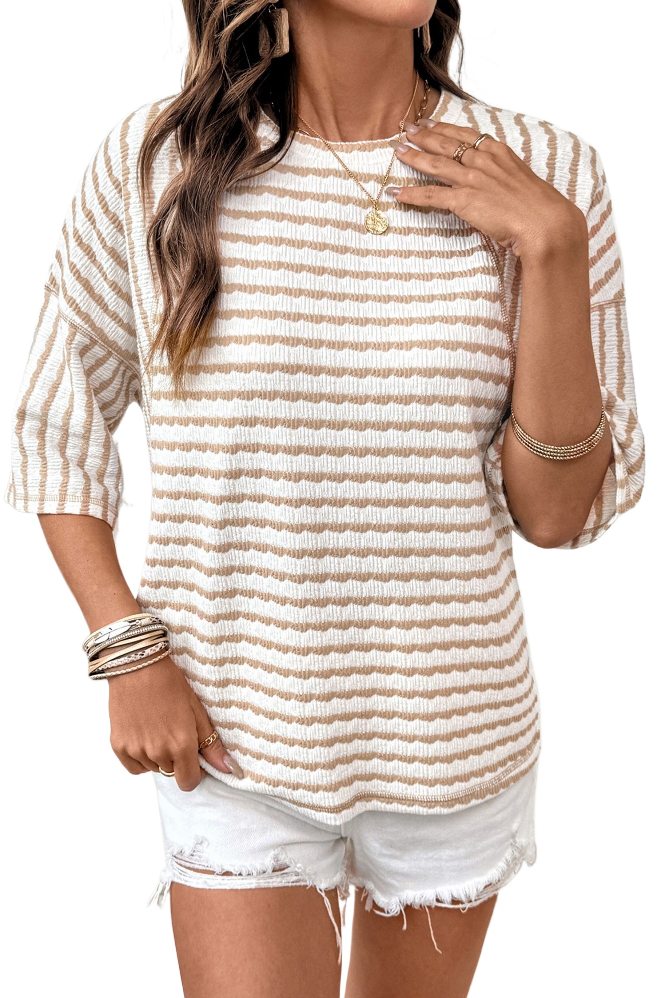 Women's Apricot Stripe Textured Knit Top – Casual Half Sleeve with Split Hem for Daily Wear - Main View Women's Apricot Stripe Textured Knit Top – Casual Half Sleeve with Split Hem for Daily Wear - Main View