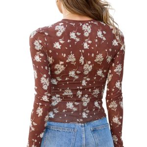 Women's Floral Mesh Top, Long Sleeve Brown Casual Shirt - Main View