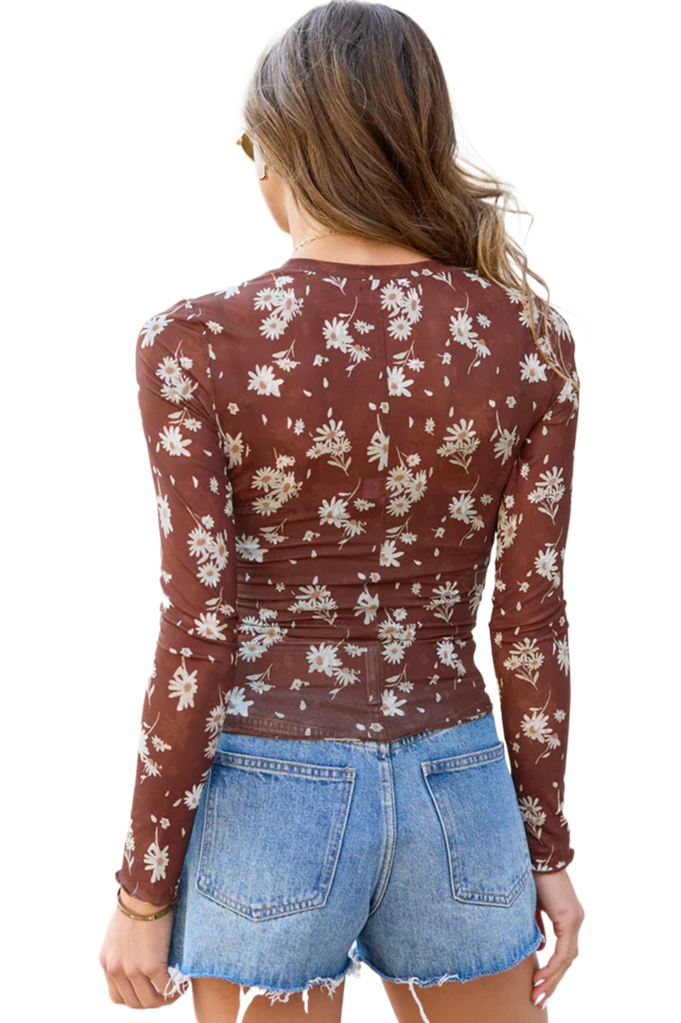 Women's Floral Mesh Top, Long Sleeve Brown Casual Shirt - Main View Women's Floral Mesh Top, Long Sleeve Brown Casual Shirt - Main View