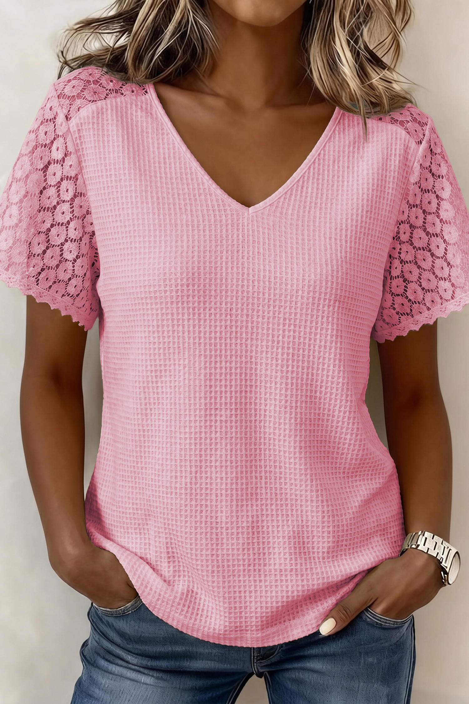 Women's Button Back Waffle Knit Blouse – Lace Detail Top - Detail View 3 Women's Button Back Waffle Knit Blouse – Lace Detail Top - Detail View 3