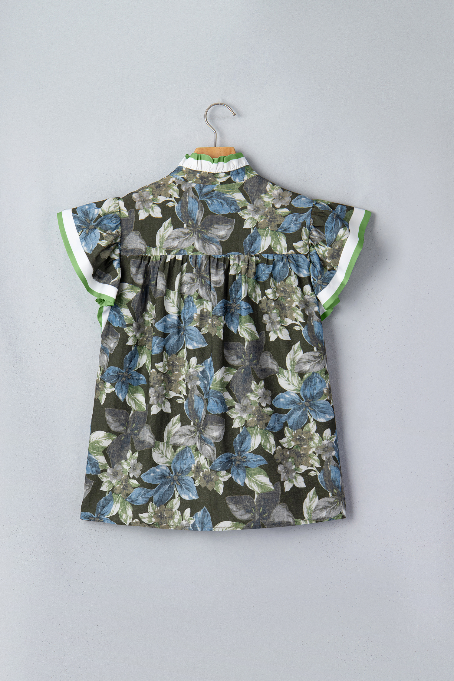 Chic Women's Floral Summer Blouse – Ruffled Short Sleeve Stand Neck Top, Gift for Her - Detail View 3 Chic Women's Floral Summer Blouse – Ruffled Short Sleeve Stand Neck Top, Gift for Her - Detail View 3