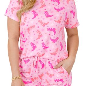 Women's Pink Western Boots Printed Short 2-Piece Lounge Set for Summer - Main View