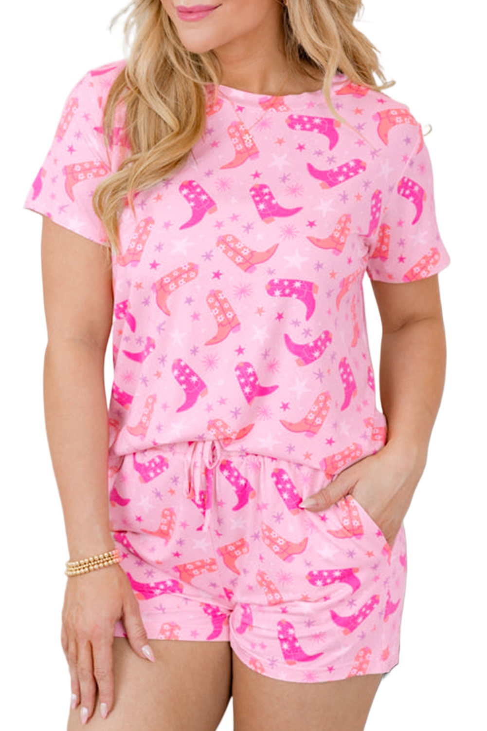Women's Pink Western Boots Printed Short 2-Piece Lounge Set for Summer - Main View Women's Pink Western Boots Printed Short 2-Piece Lounge Set for Summer - Main View
