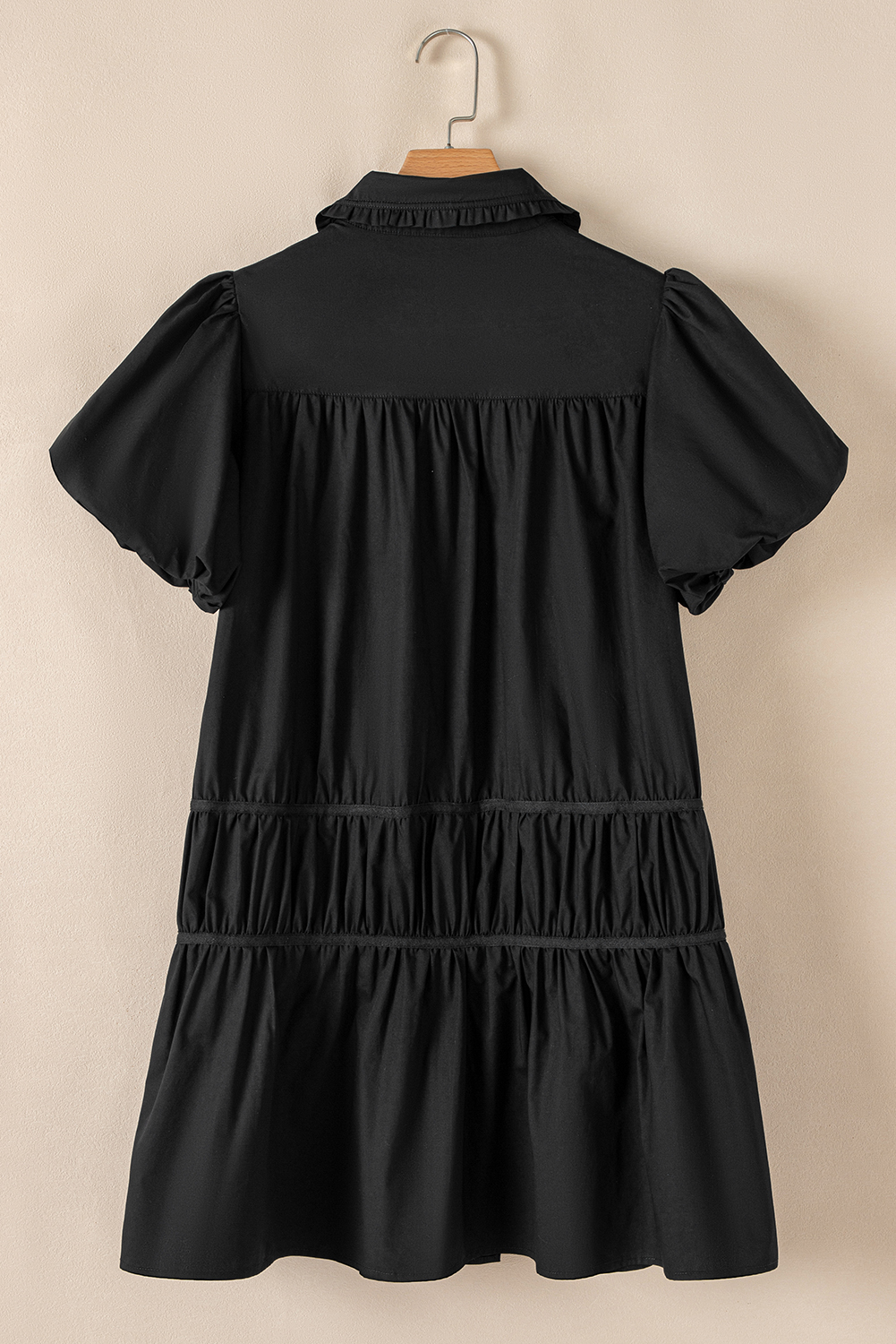 Women's Dress, Black Shirt Dress, Puff Sleeve, Ruffle Hem, Button Down, Mini Dress, Daily Wear, Cute Style, Solid Color, Comfortable, Flattering Silhouette, Summer Fashion, H-Line Silhouette, Turn-Down Collar, Casual Chic - Detail View 8 Women's Dress, Black Shirt Dress, Puff Sleeve, Ruffle Hem, Button Down, Mini Dress, Daily Wear, Cute Style, Solid Color, Comfortable, Flattering Silhouette, Summer Fashion, H-Line Silhouette, Turn-Down Collar, Casual Chic - Detail View 8